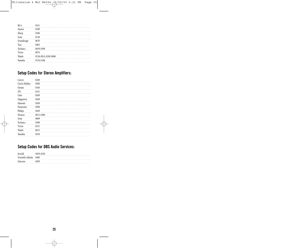 Setup codes for stereo amplifiers, Setup codes for dbs audio services | Memorex MILLENNIUM 4 User Manual | Page 25 / 36