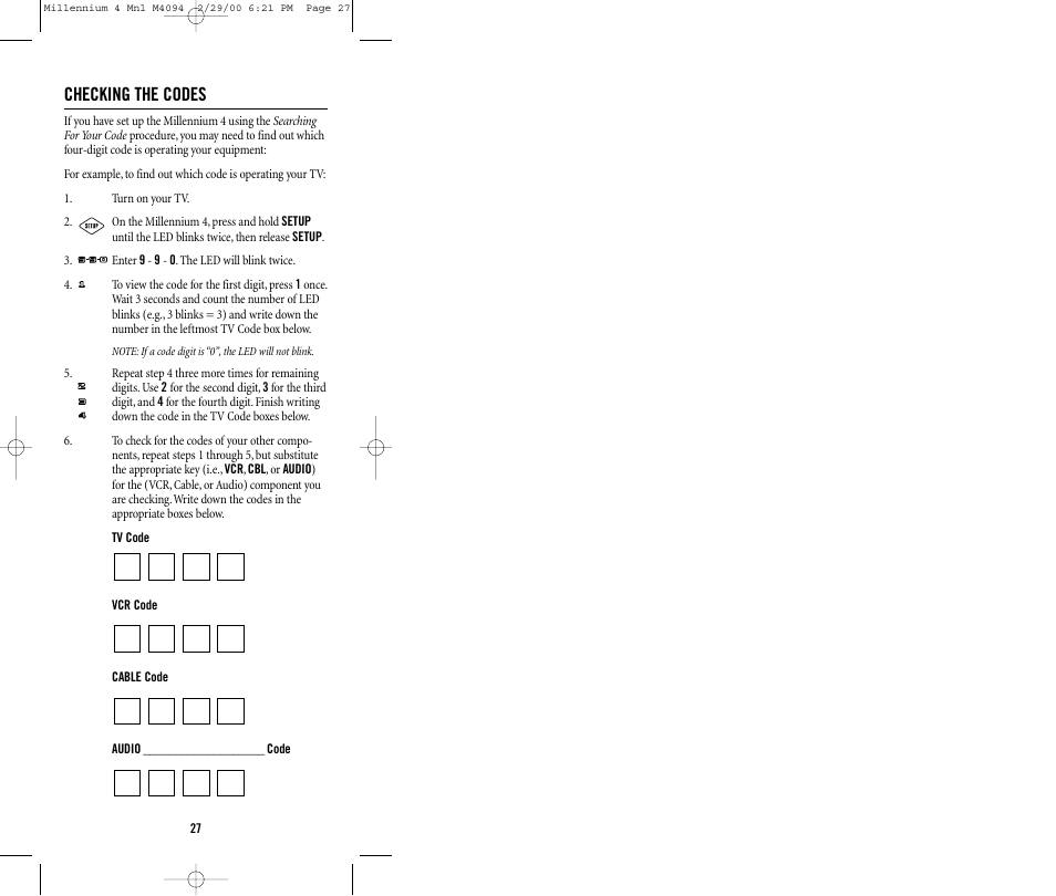 Checking the codes | Memorex MILLENNIUM 4 User Manual | Page 27 / 36