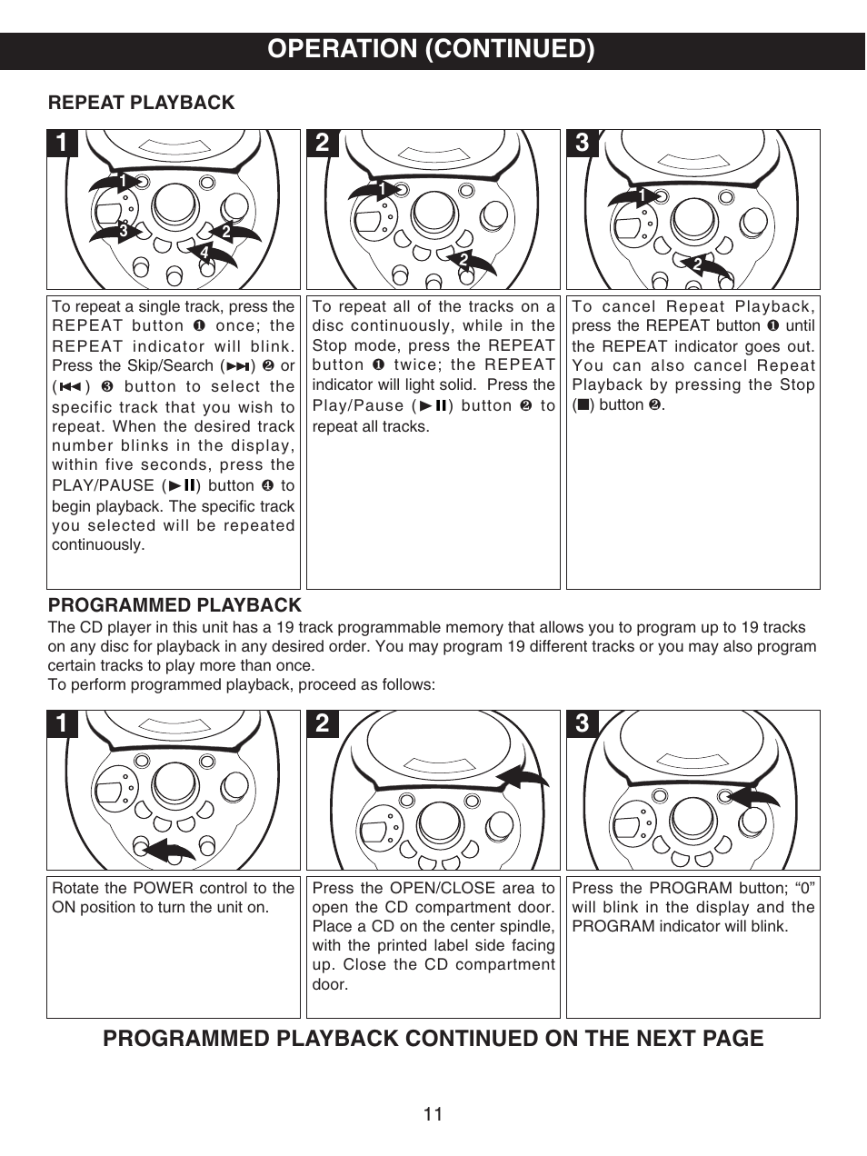 Operation (continued), Programmed playback continued on the next page | Memorex MKS2114 User Manual | Page 12 / 18