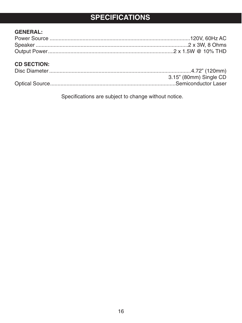 Specifications | Memorex MKS2114 User Manual | Page 17 / 18