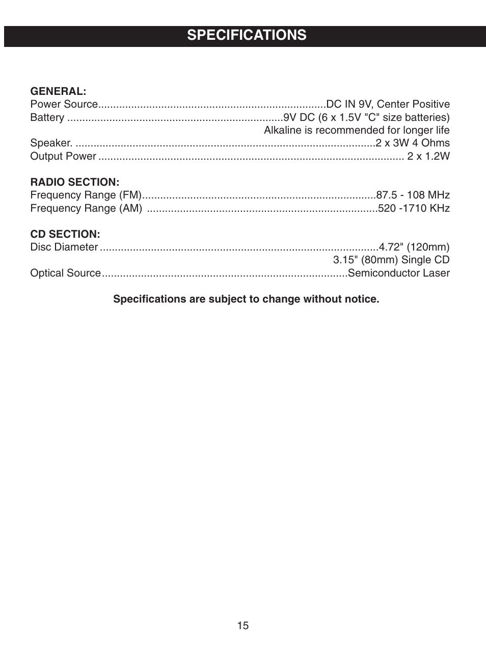 Specifications | Memorex MP8700 User Manual | Page 16 / 17