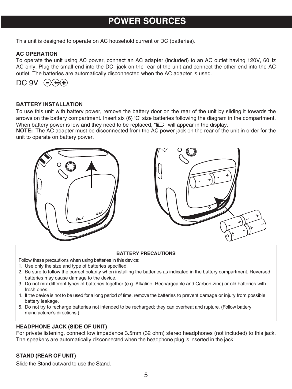 Power sources, Dc 9v | Memorex MP8700 User Manual | Page 6 / 17
