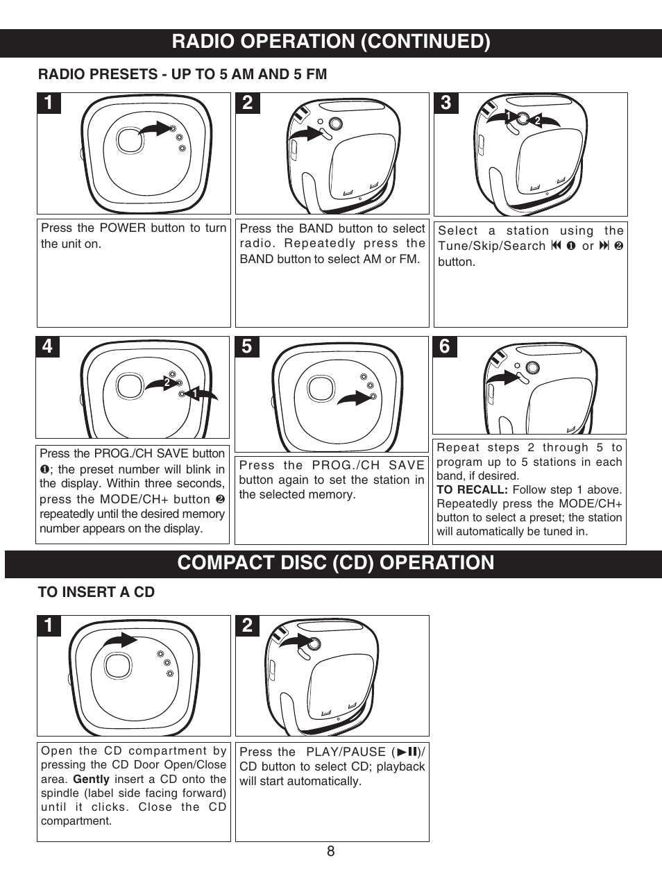 Radio operation (continued), 2compact disc (cd) operation | Memorex MP8700 User Manual | Page 9 / 17