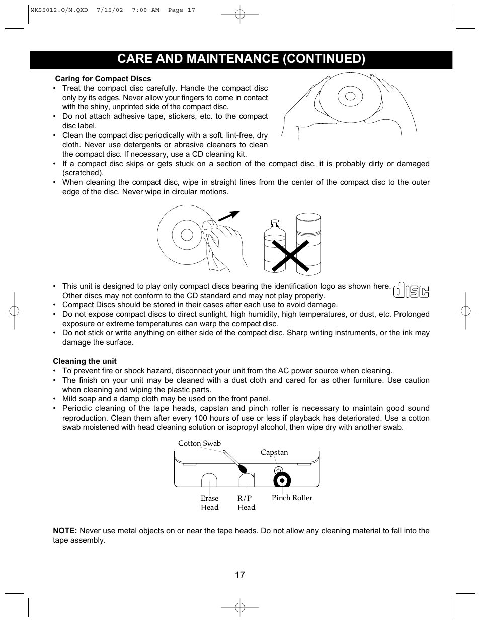 Care and maintenance (continued) | Memorex MKS5012 User Manual | Page 18 / 22