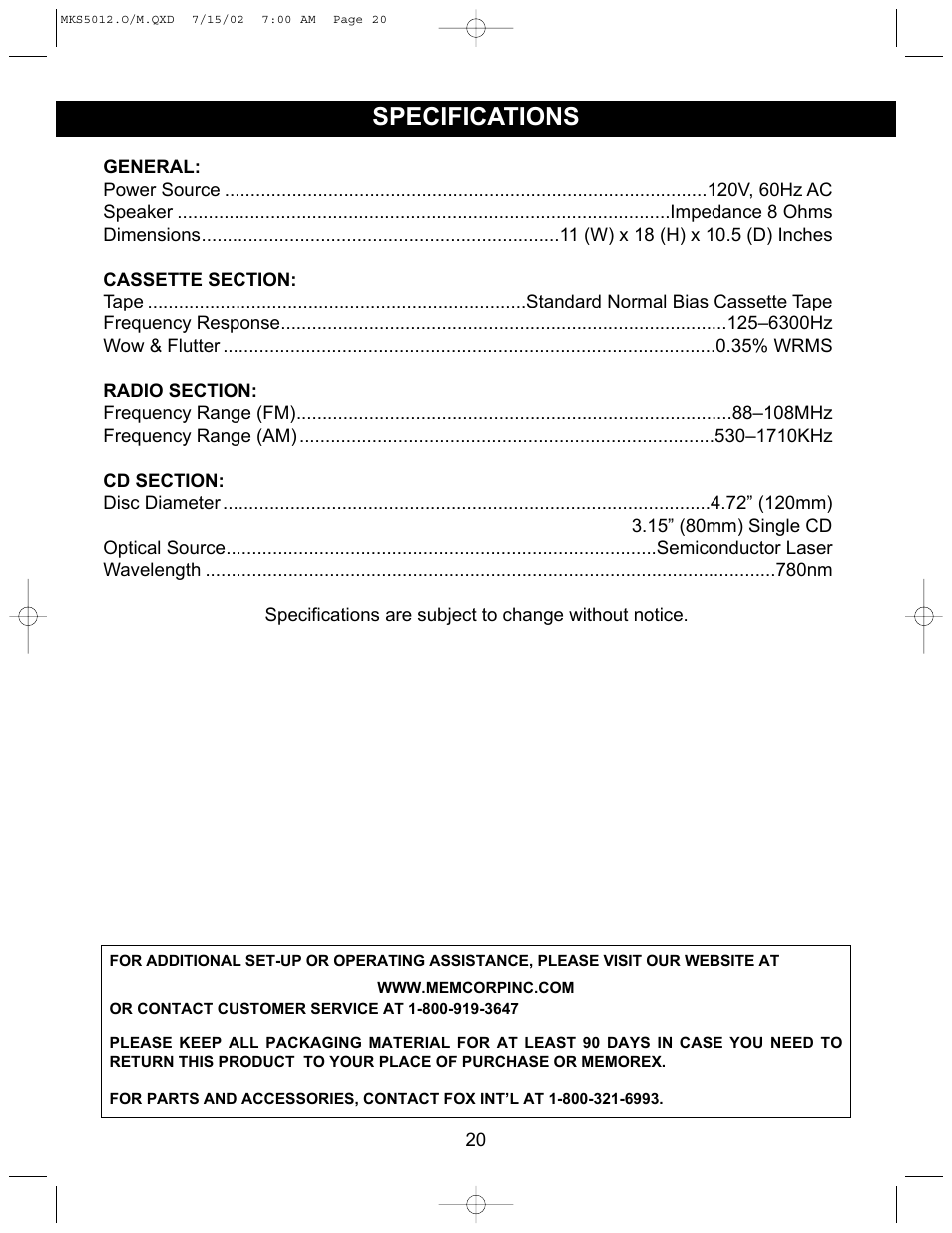 Specifications | Memorex MKS5012 User Manual | Page 21 / 22