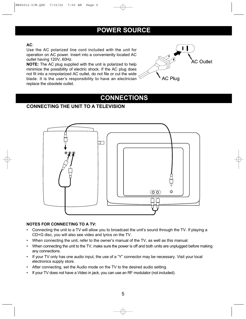 Power source connections | Memorex MKS5012 User Manual | Page 6 / 22