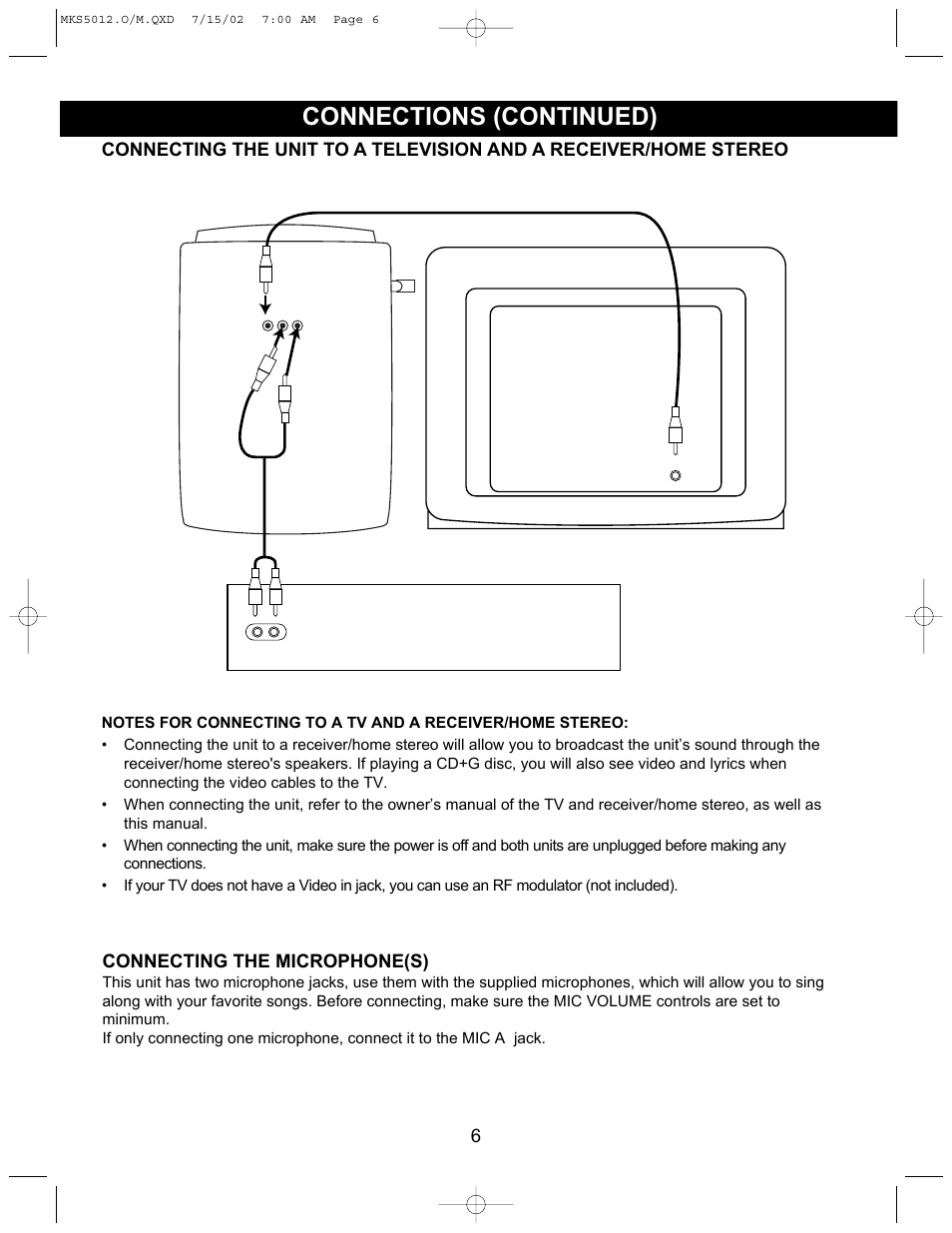 Connections (continued), Connecting the microphone(s) | Memorex MKS5012 User Manual | Page 7 / 22