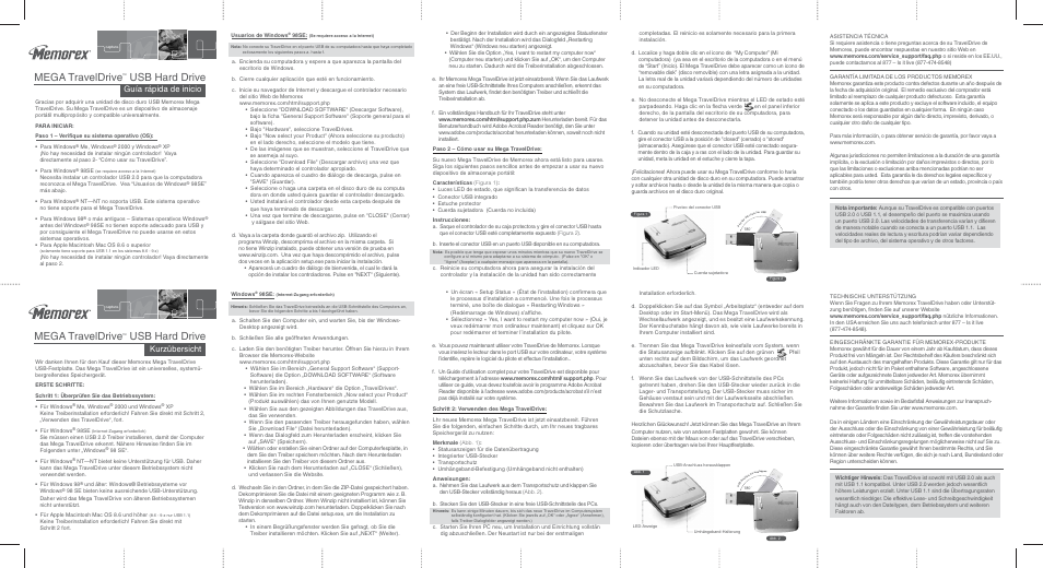 Mega traveldrive, Usb hard drive, Kurzübersicht | Guía rápida de inicio | Memorex Mega TravelDrive User Manual | Page 2 / 2