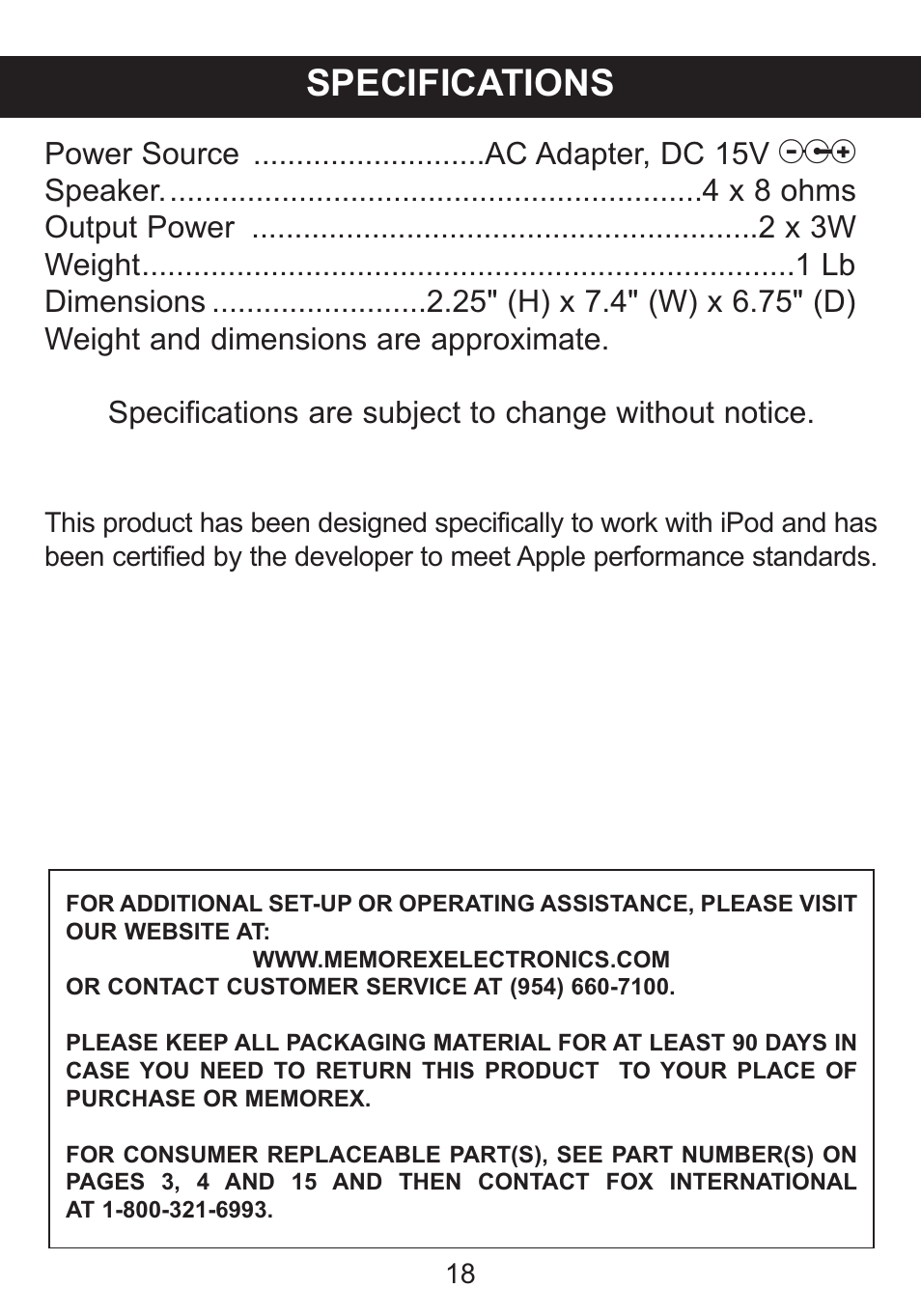 Specifications | Memorex M12001 User Manual | Page 19 / 42