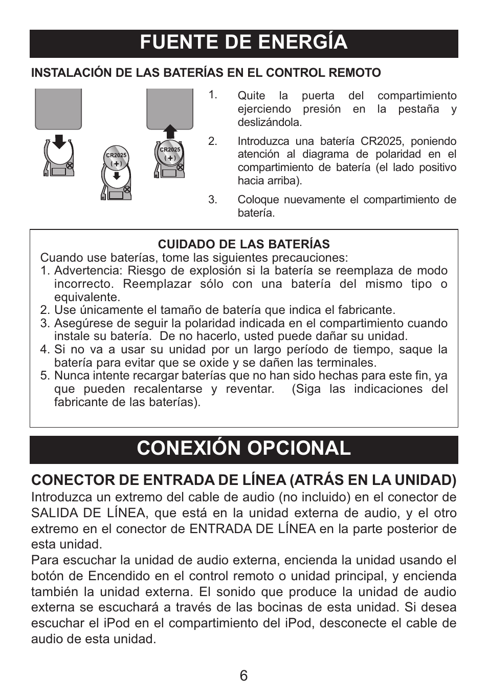 Conexión opcional, Fuente de energía, Conector de entrada de línea (atrás en la unidad) | Memorex M12001 User Manual | Page 27 / 42