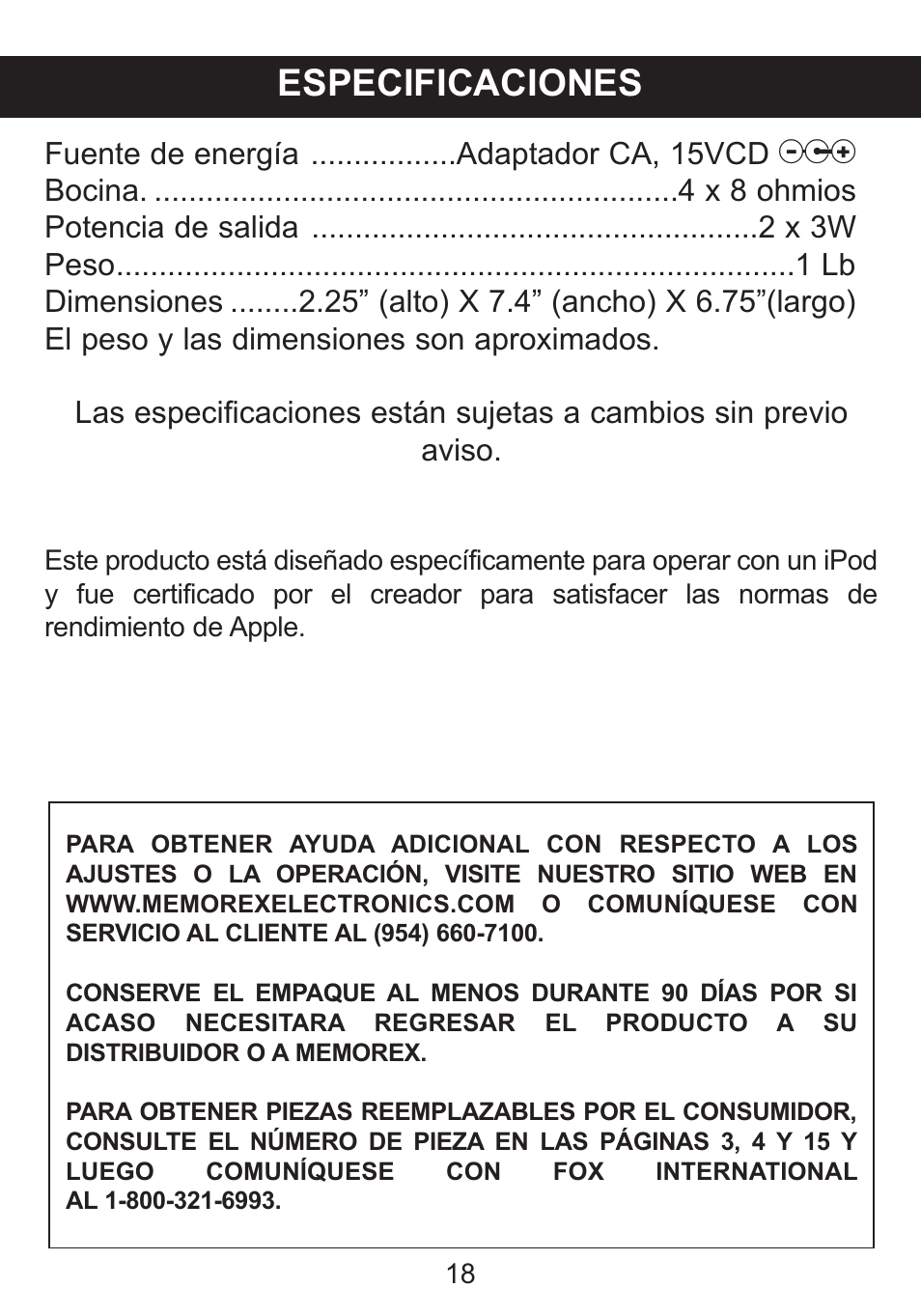 Especificaciones | Memorex M12001 User Manual | Page 39 / 42