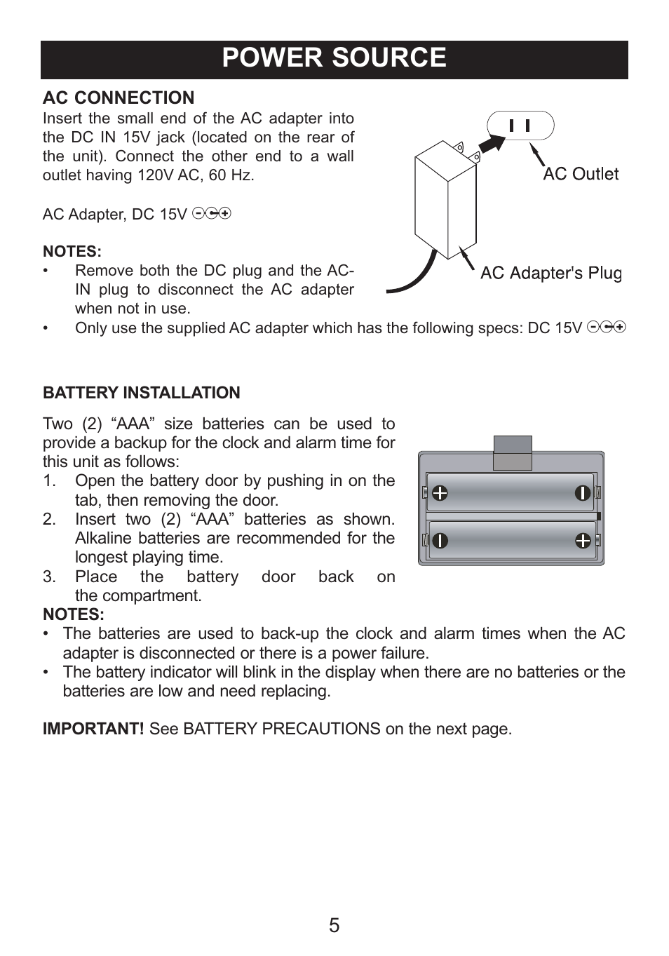 Power source | Memorex M12001 User Manual | Page 6 / 42