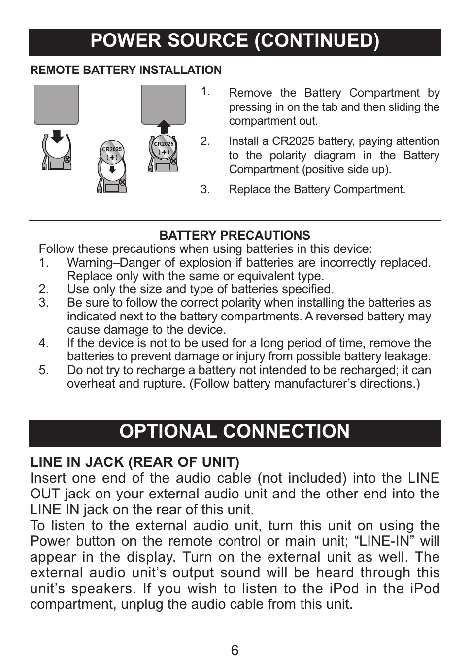 Optional connection, Power source (continued) | Memorex M12001 User Manual | Page 7 / 42