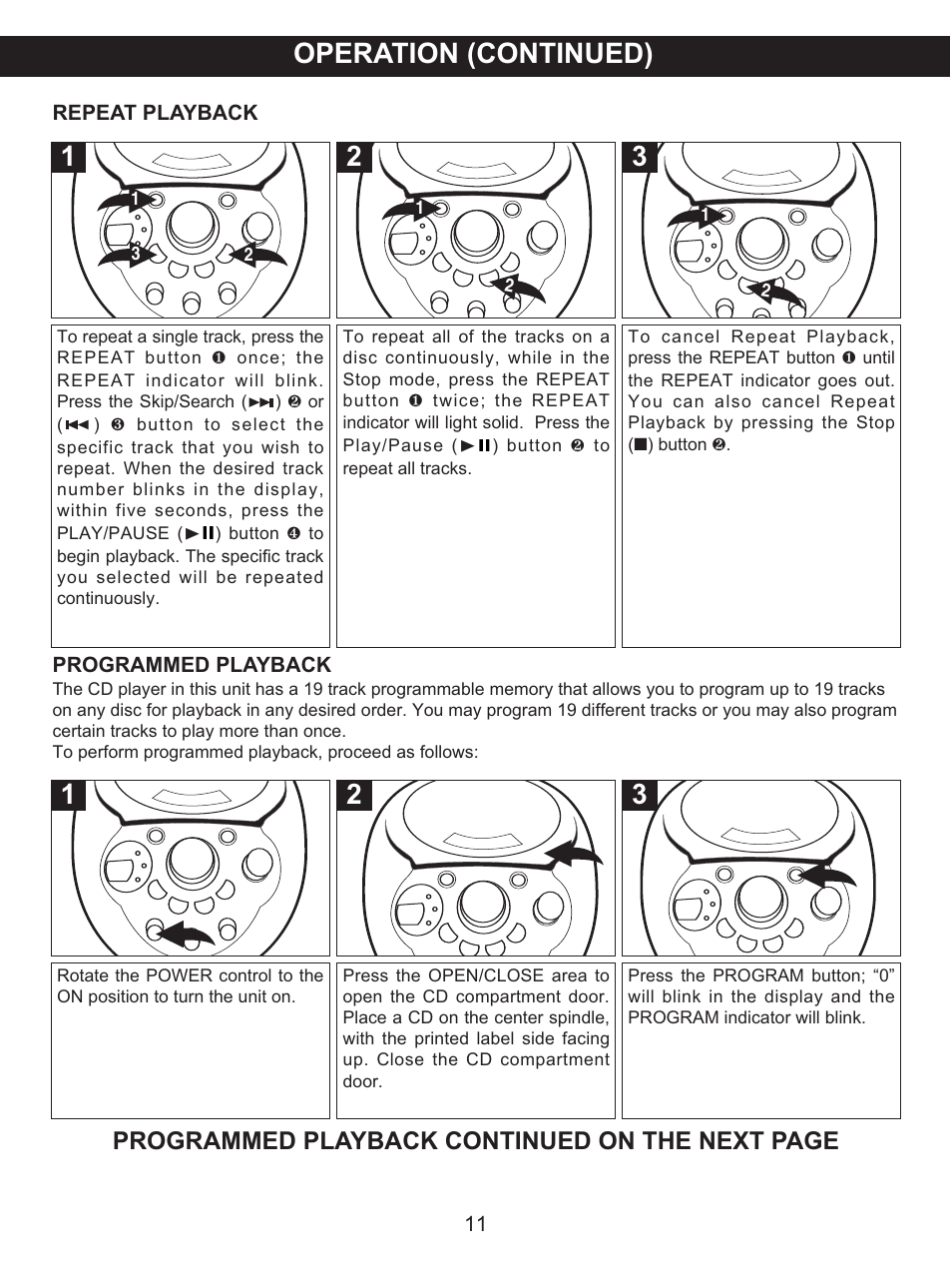Operation (continued), Programmed playback continued on the next page | Memorex MKS2116 User Manual | Page 12 / 34