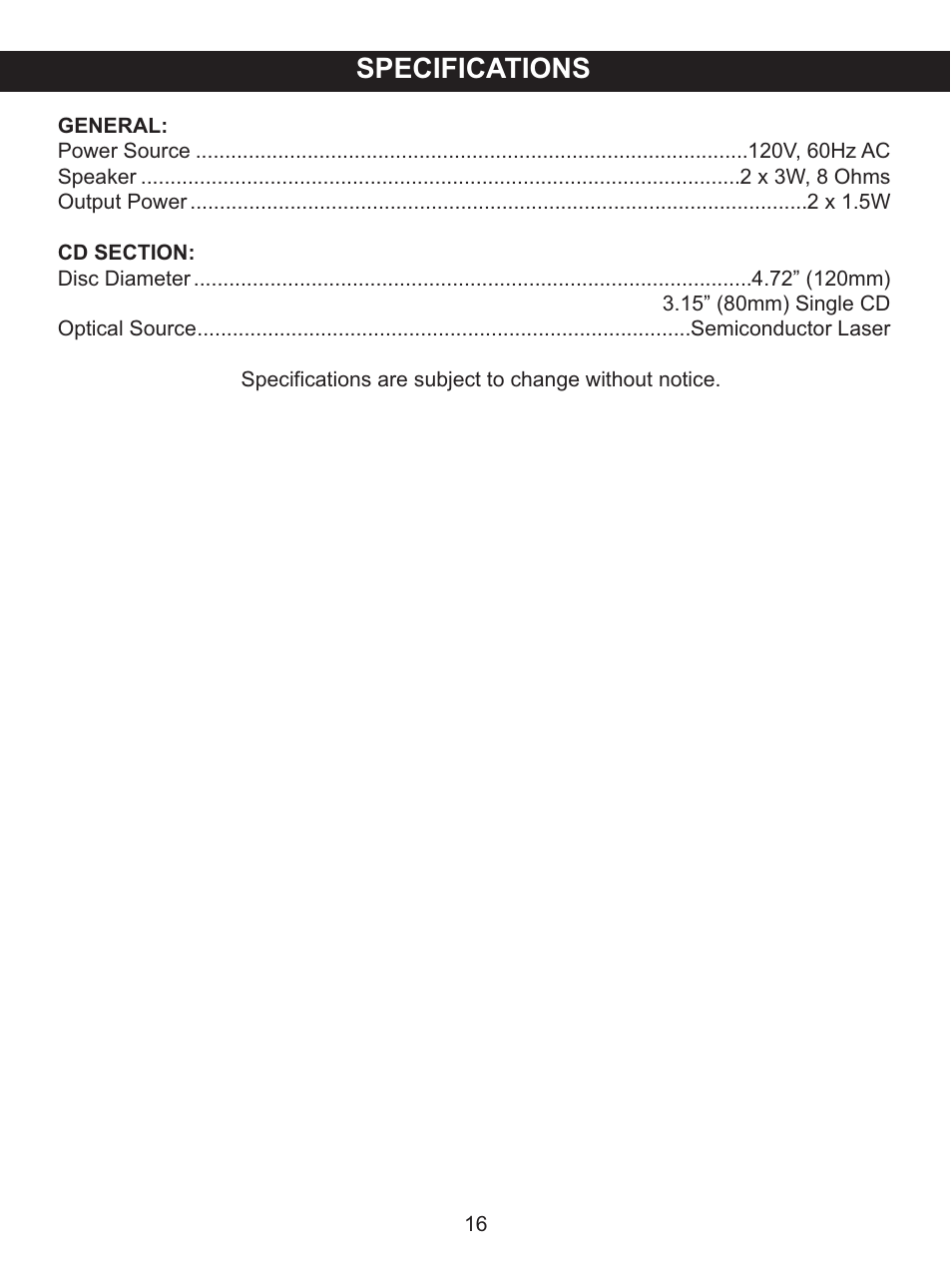 Specifications | Memorex MKS2116 User Manual | Page 17 / 34