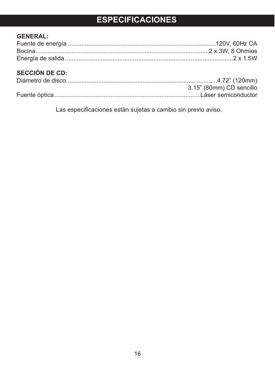 Especificaciones | Memorex MKS2116 User Manual | Page 33 / 34