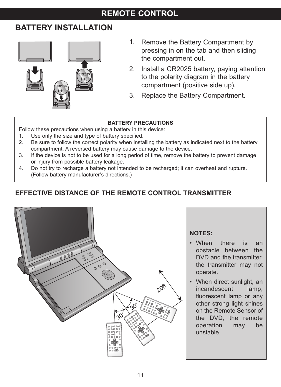 Remote control battery installation | Memorex MVDP1101 User Manual | Page 12 / 44