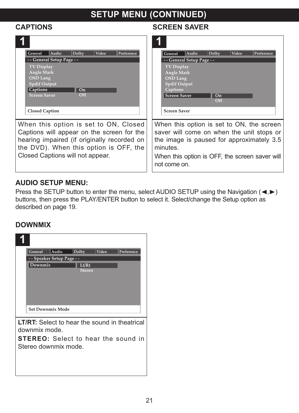 Setup menu (continued), Captions screen saver, Downmix audio setup menu | Memorex MVDP1101 User Manual | Page 22 / 44