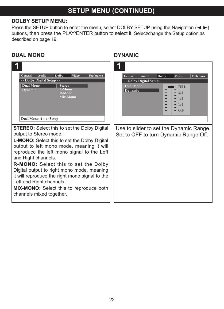 Setup menu (continued), Dynamic dolby setup menu, Then press the play/enter button to select it | Memorex MVDP1101 User Manual | Page 23 / 44