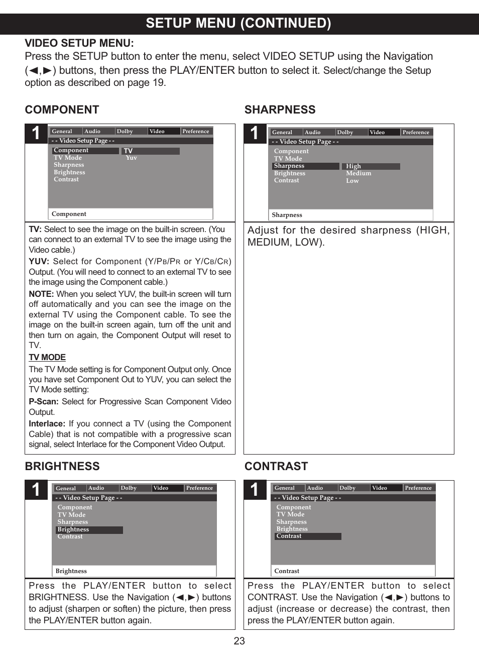 Setup menu (continued), Component sharpness, Brightness contrast | Or y/c | Memorex MVDP1101 User Manual | Page 24 / 44