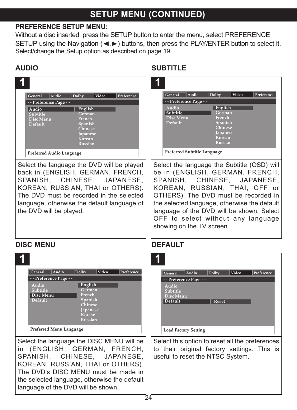 Setup menu (continued), Audio subtitle, Disc menu default | Memorex MVDP1101 User Manual | Page 25 / 44