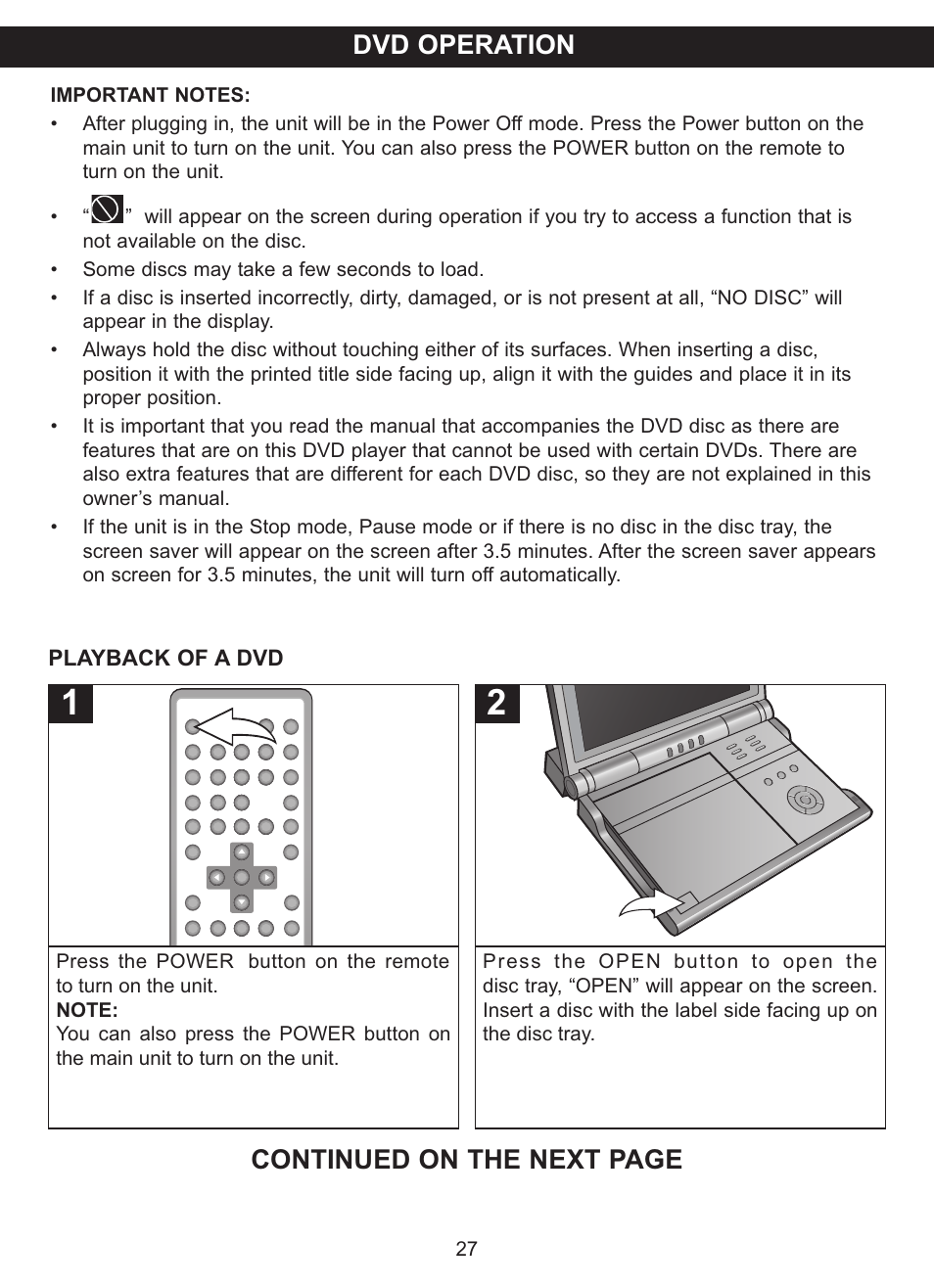 Dvd operation, Continued on the next page | Memorex MVDP1101 User Manual | Page 28 / 44