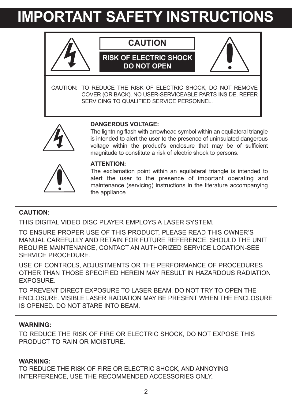 Important safety instructions, Caution | Memorex MVDP1101 User Manual | Page 3 / 44