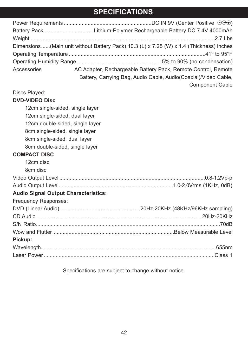 Specifications | Memorex MVDP1101 User Manual | Page 43 / 44