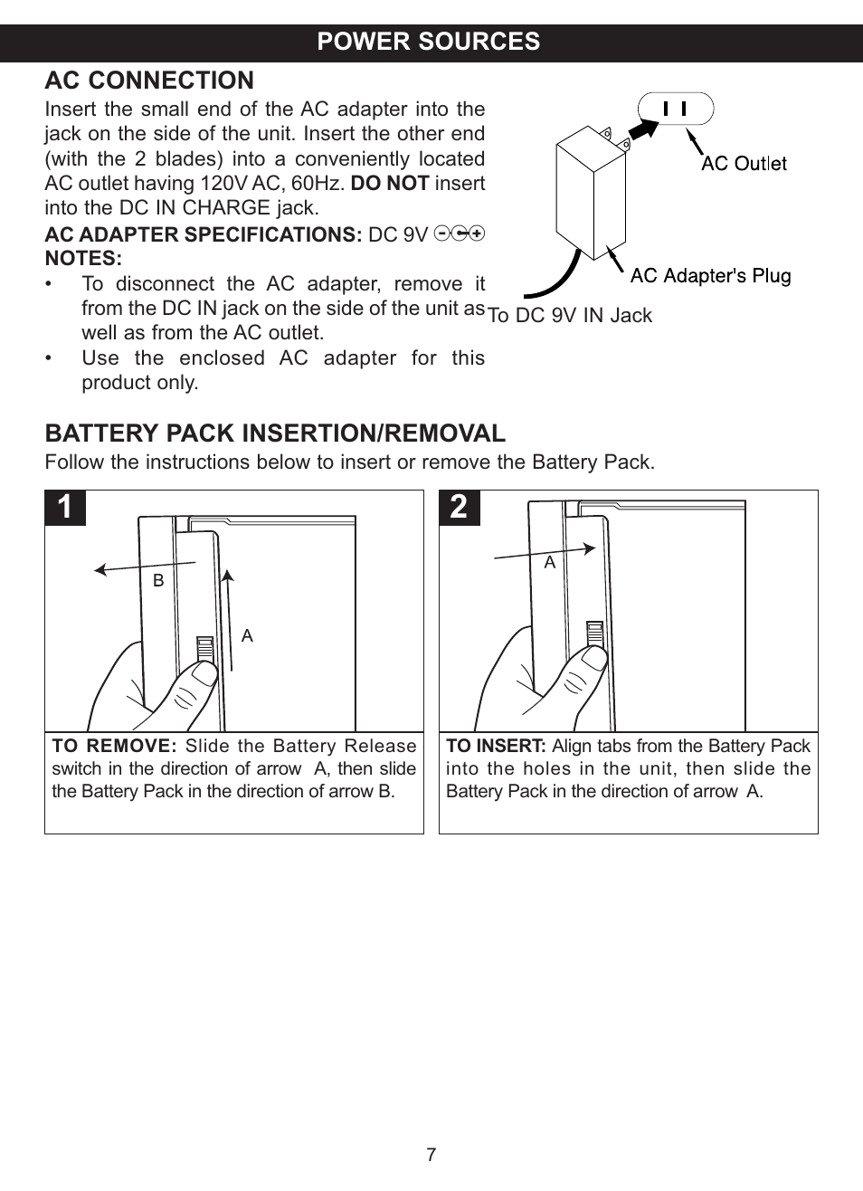 Ac connection, Battery pack insertion/removal, Power sources | Memorex MVDP1101 User Manual | Page 8 / 44