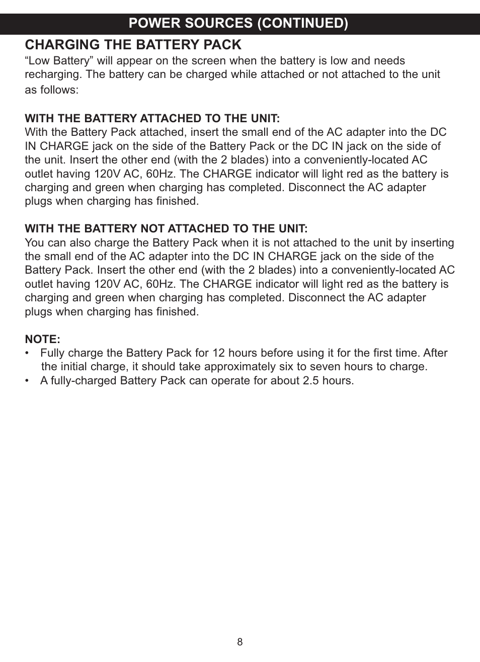 Charging the battery pack, Power sources (continued) | Memorex MVDP1101 User Manual | Page 9 / 44
