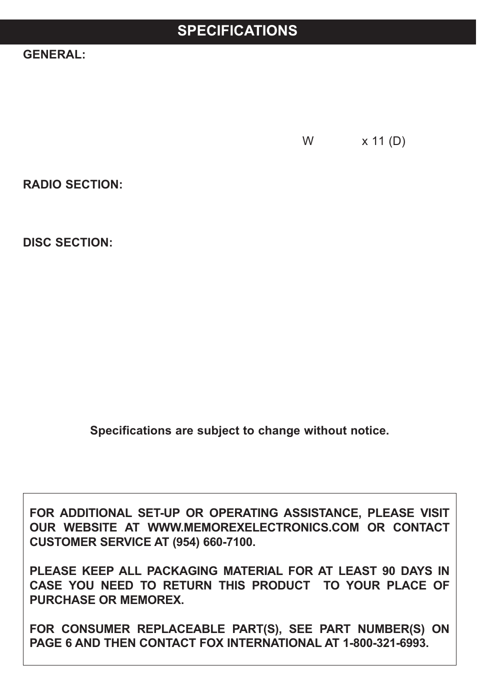 Specifications | Memorex MP4047 User Manual | Page 21 / 42