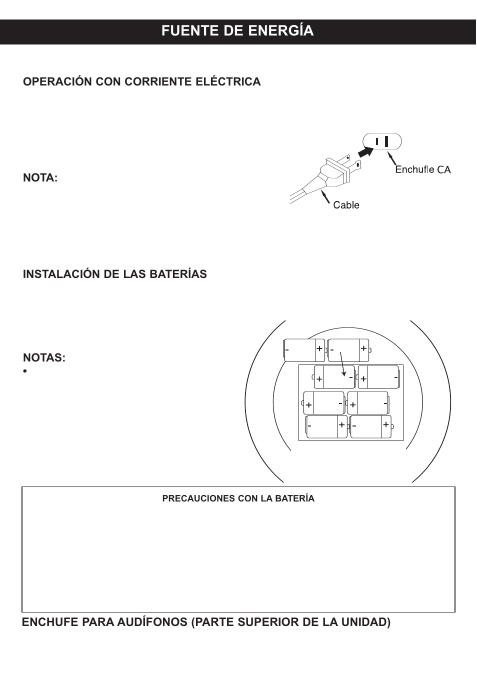 Fuente de energía, Parte frontal de la unidad | Memorex MP4047 User Manual | Page 28 / 42