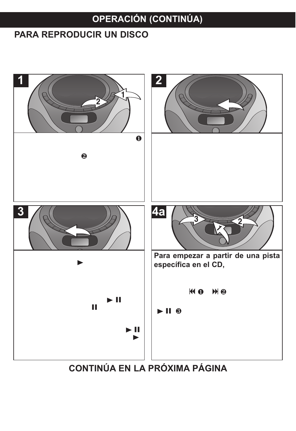 Operación (continúa), Para reproducir un disco, Continúa en la próxima página | Memorex MP4047 User Manual | Page 31 / 42