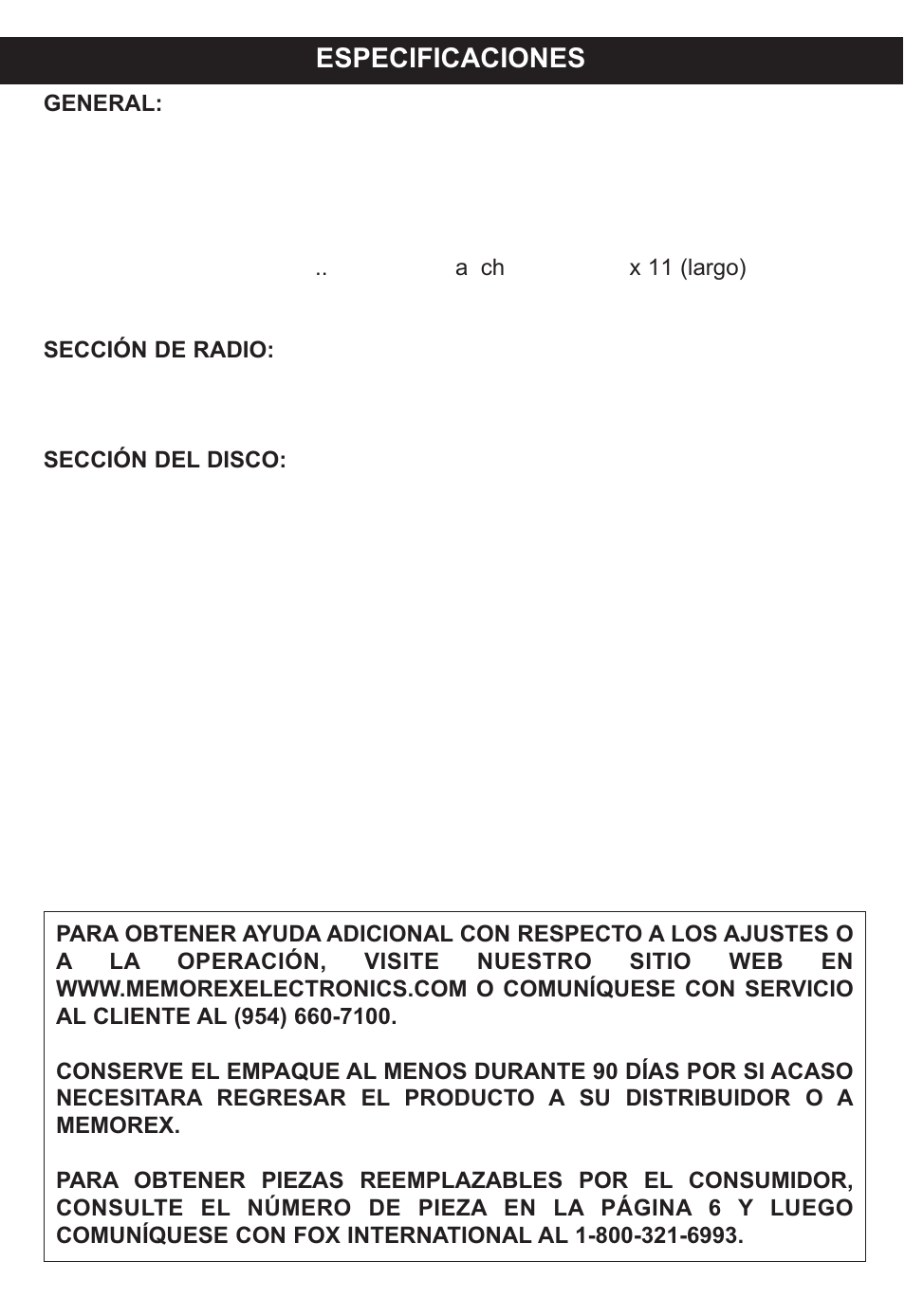 Especificaciones | Memorex MP4047 User Manual | Page 41 / 42