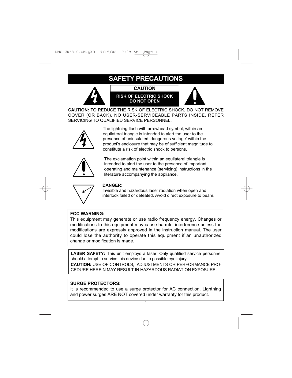Safety precautions | Memorex MMG-CR3810 User Manual | Page 2 / 21