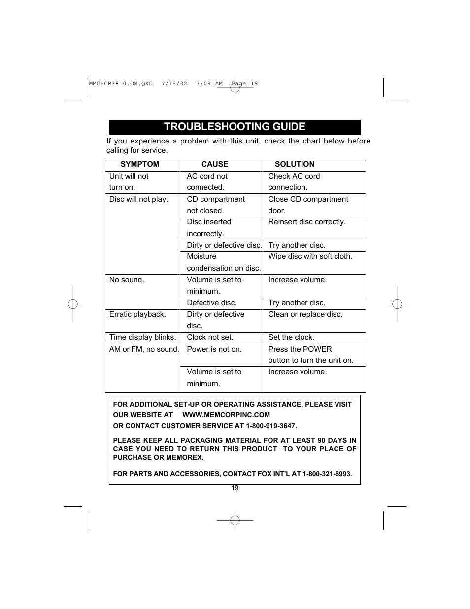 Troubleshooting guide | Memorex MMG-CR3810 User Manual | Page 20 / 21