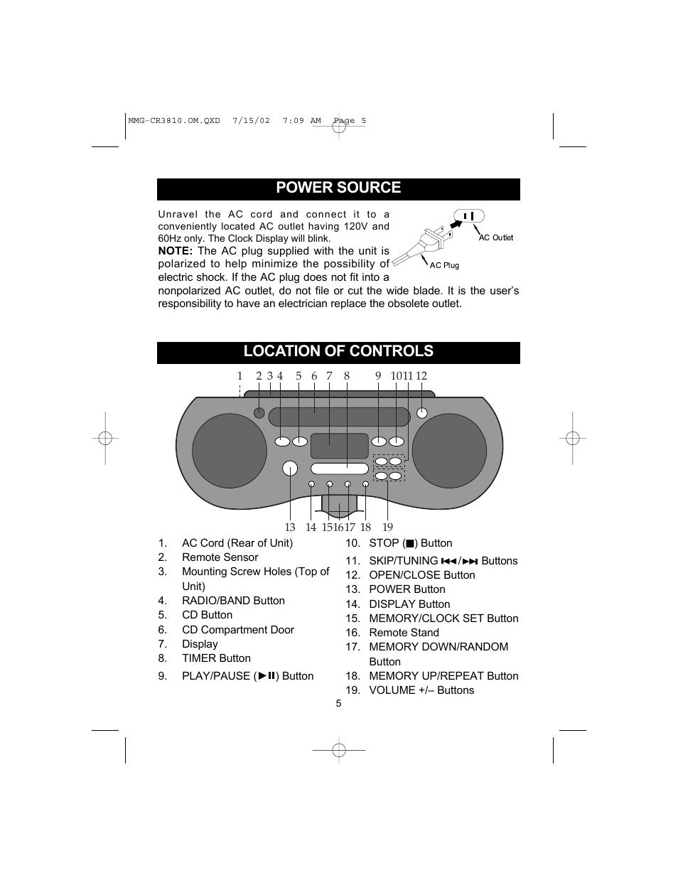 Location of controls, Power source | Memorex MMG-CR3810 User Manual | Page 6 / 21