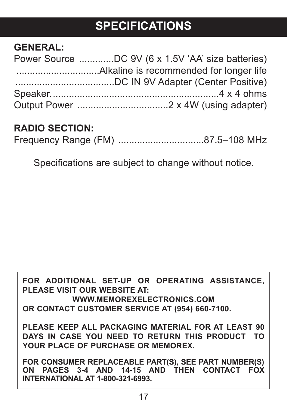 Specifications | Memorex iTrek Mi3001 User Manual | Page 18 / 36