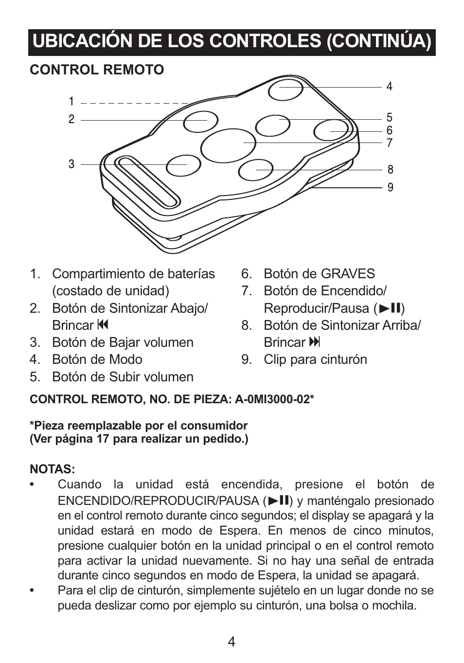 Ubicación de los controles (continúa) | Memorex iTrek Mi3001 User Manual | Page 22 / 36
