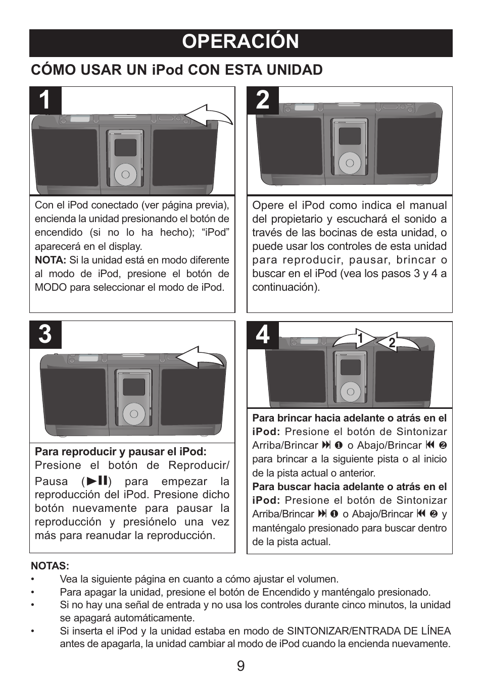 Operación, Cómo usar un ipod con esta unidad | Memorex iTrek Mi3001 User Manual | Page 27 / 36