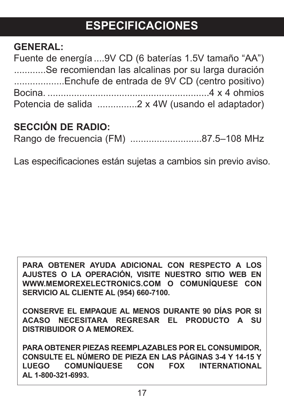 Especificaciones | Memorex iTrek Mi3001 User Manual | Page 35 / 36