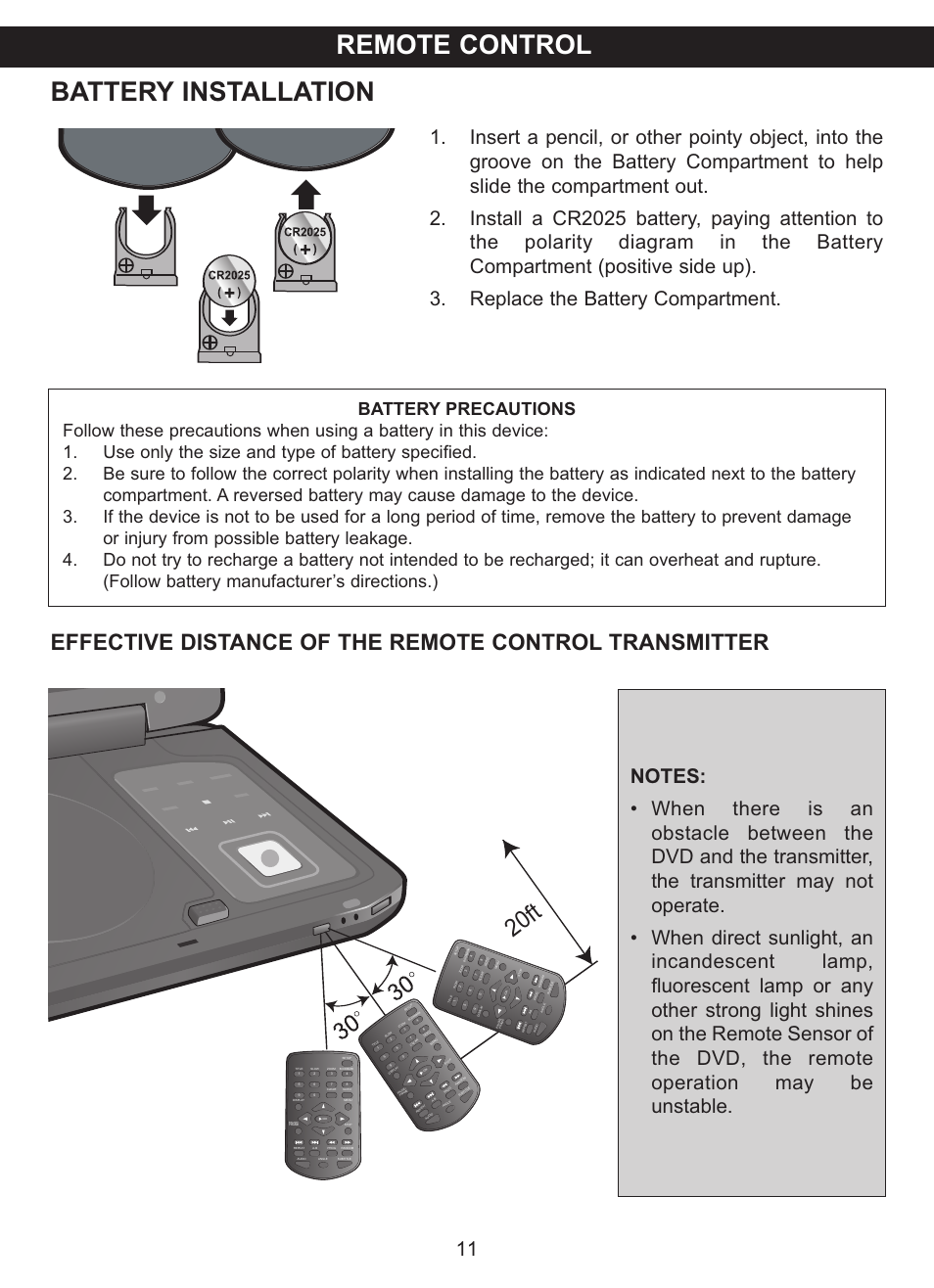 Remote control battery installation, 20 ft | Memorex MVDP1102 User Manual | Page 12 / 94