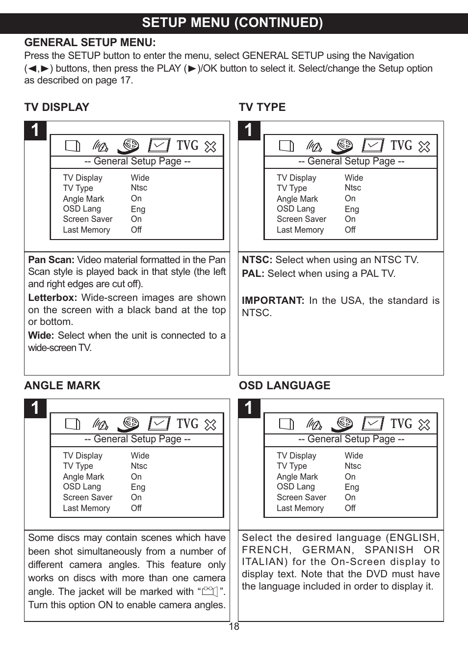 Setup menu (continued) | Memorex MVDP1102 User Manual | Page 19 / 94
