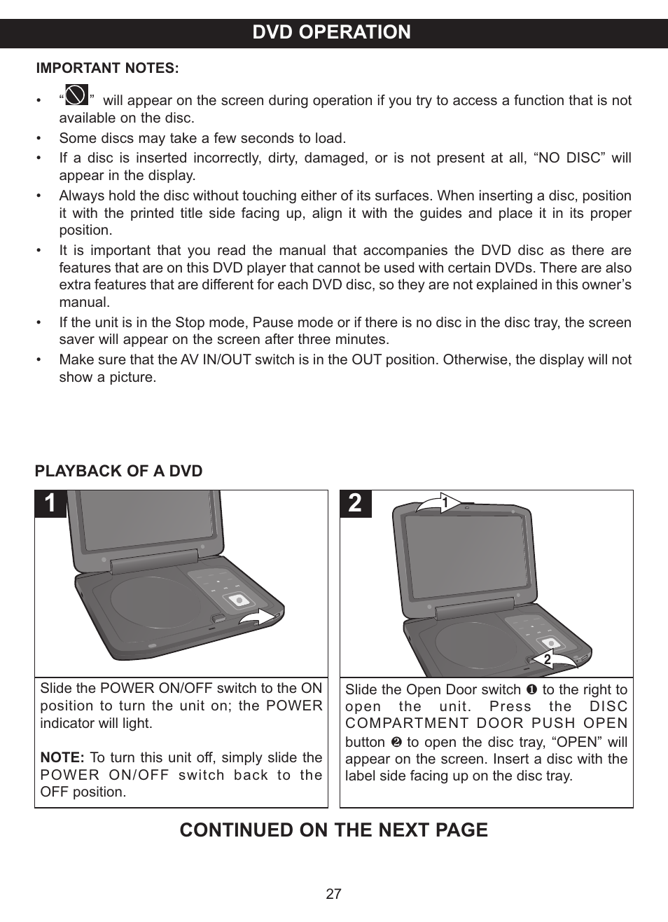 Dvd operation, Continued on the next page | Memorex MVDP1102 User Manual | Page 28 / 94