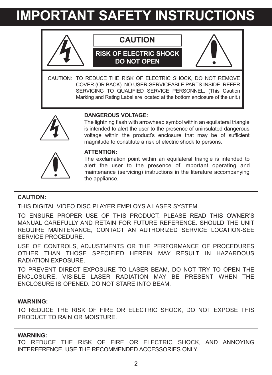 Important safety instructions, Caution | Memorex MVDP1102 User Manual | Page 3 / 94