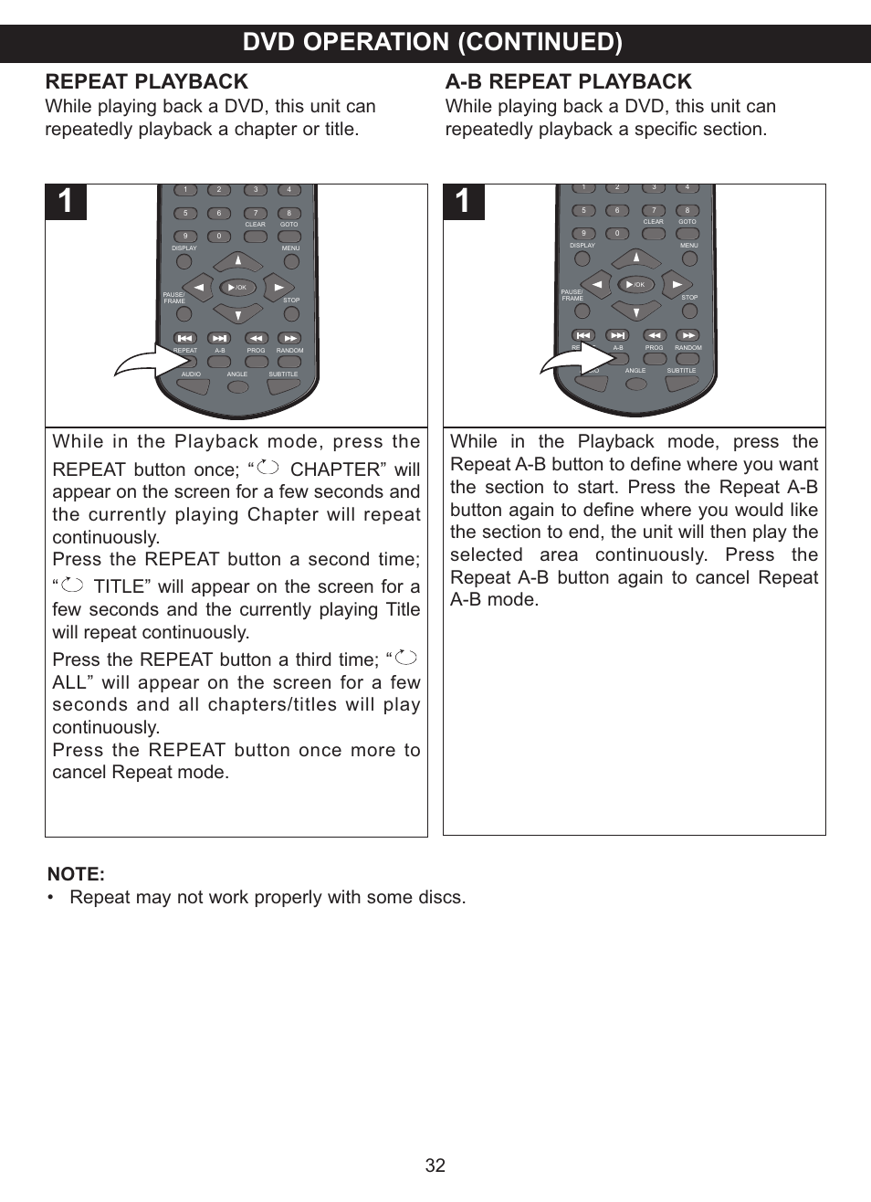 Dvd operation (continued), Repeat playback, A-b repeat playback | Memorex MVDP1102 User Manual | Page 33 / 94