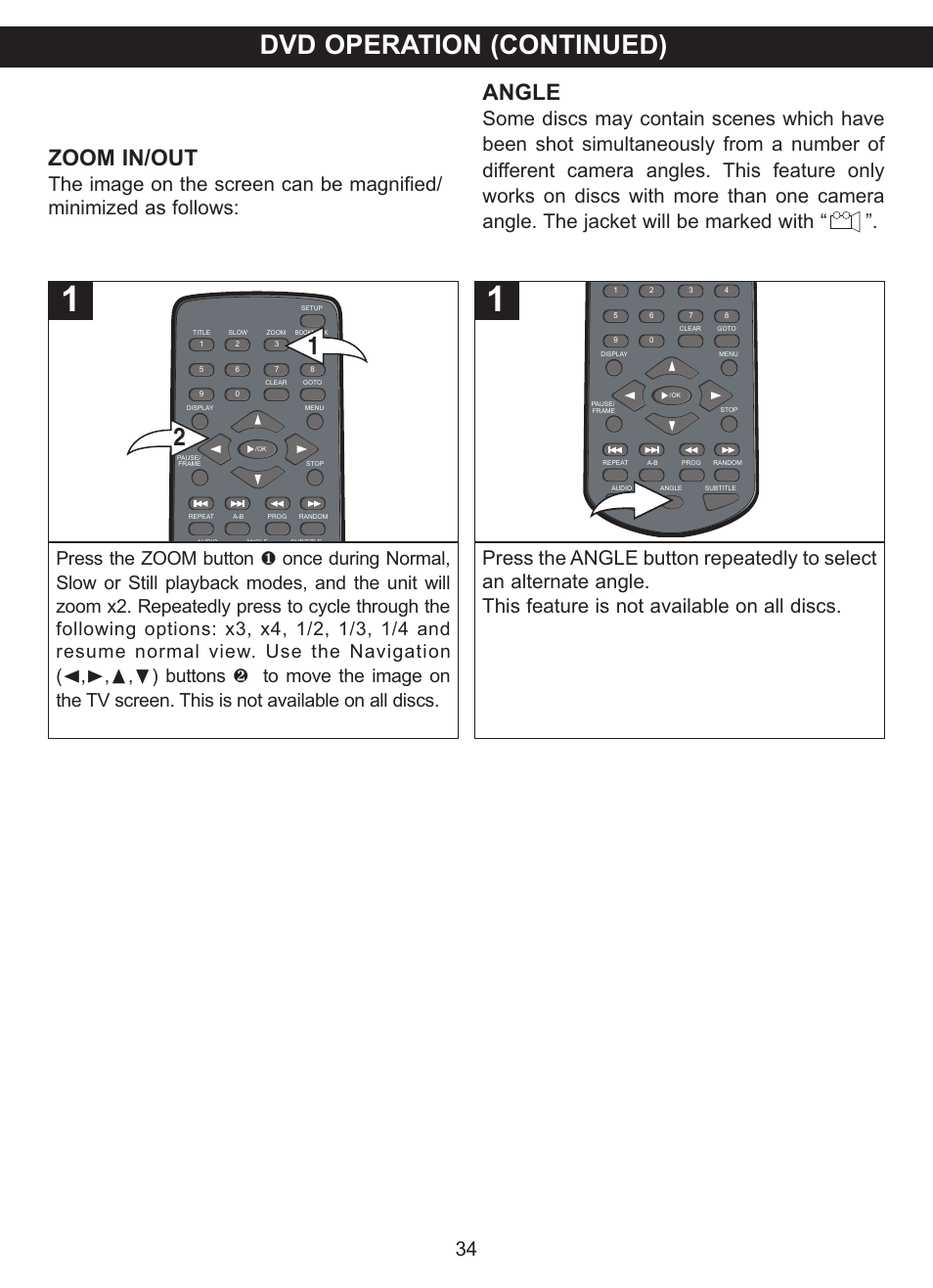 Dvd operation (continued), Zoom in/out, Angle | Memorex MVDP1102 User Manual | Page 35 / 94