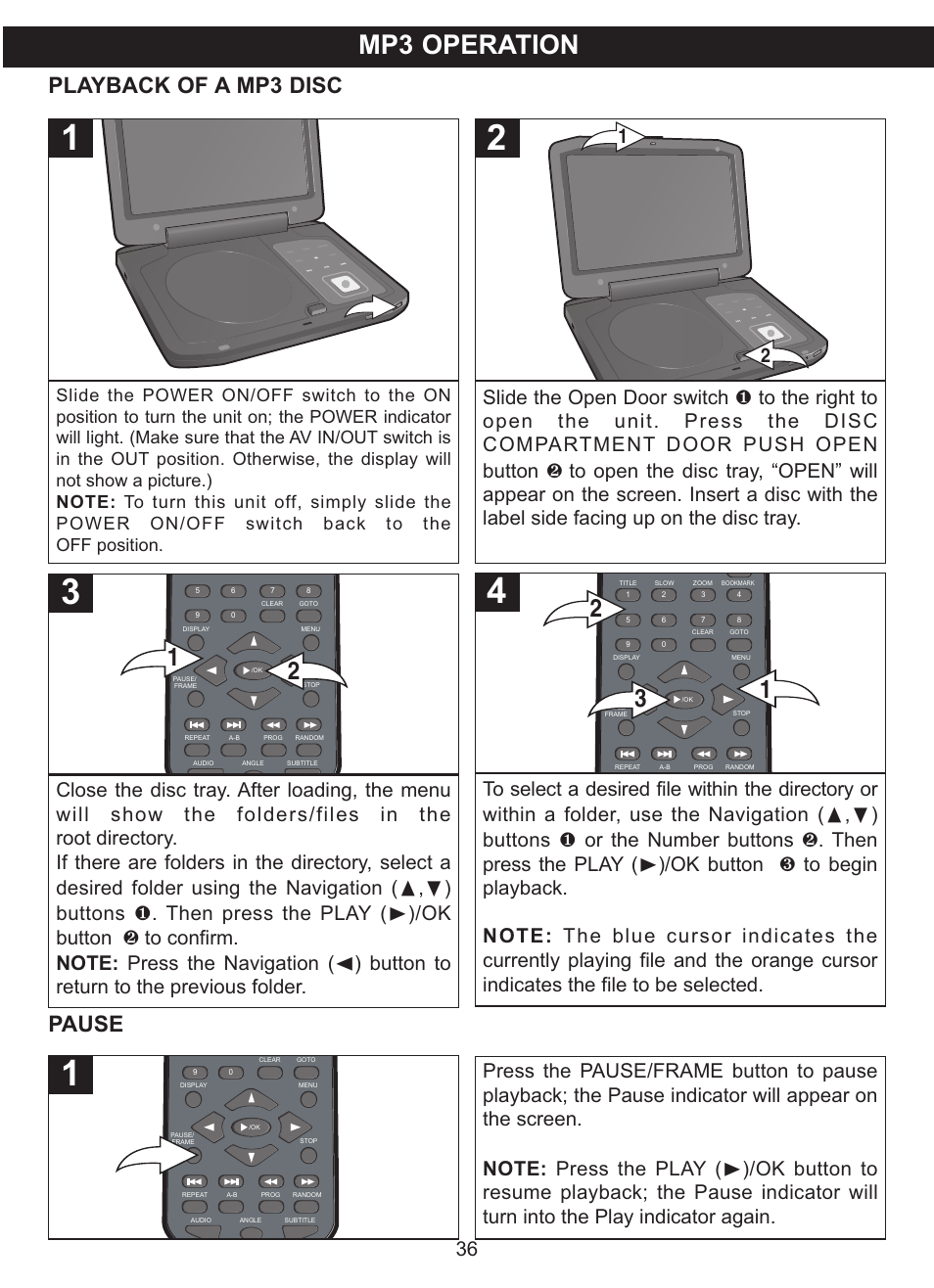 Mp3 operation, Pause playback of a mp3 disc | Memorex MVDP1102 User Manual | Page 37 / 94