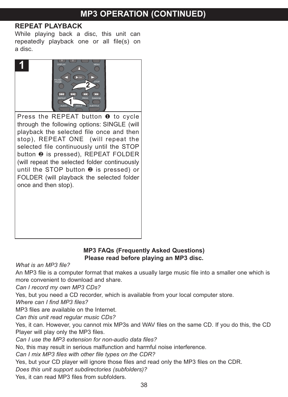 Mp3 operation (continued), Repeat playback | Memorex MVDP1102 User Manual | Page 39 / 94