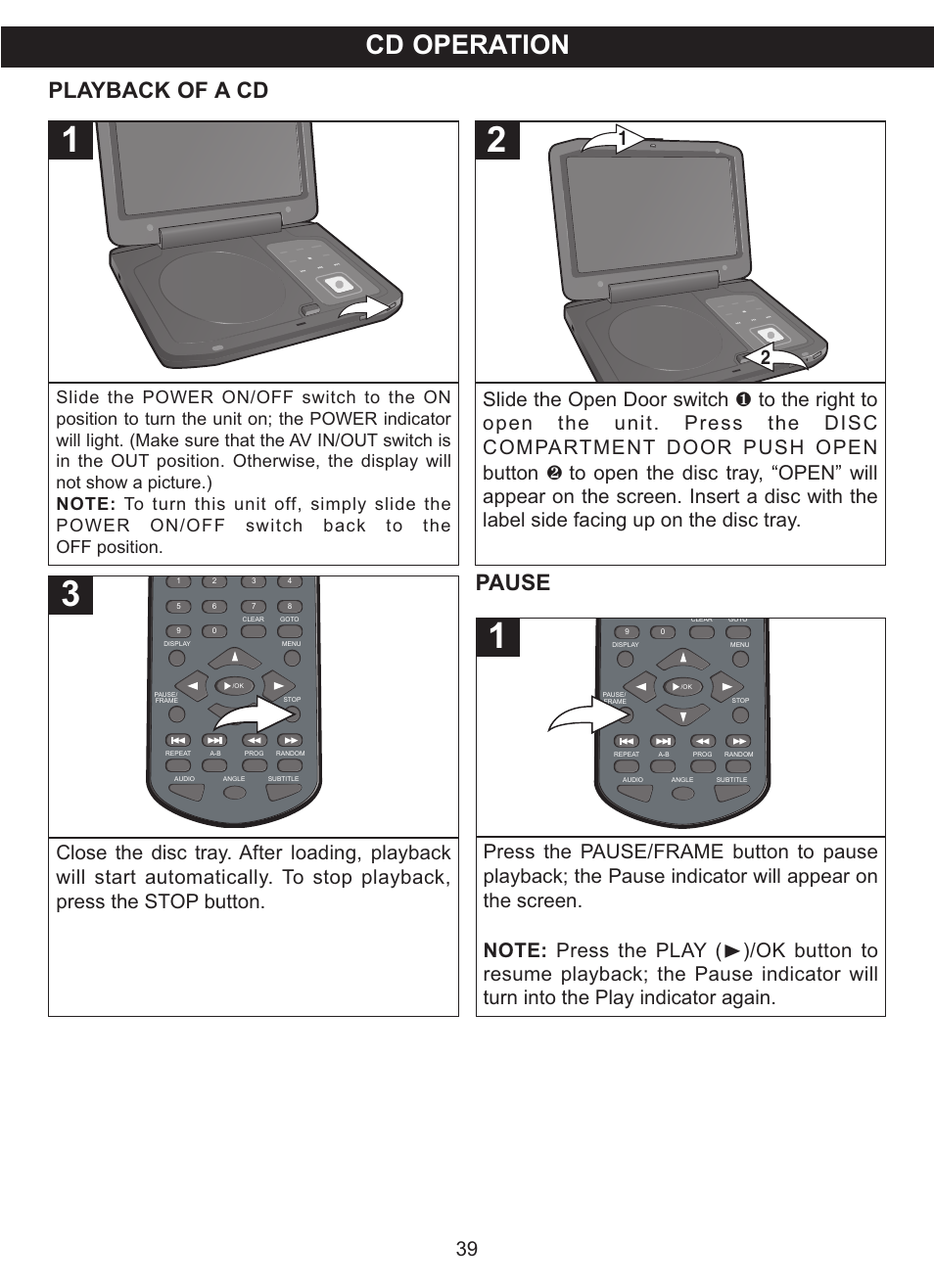 Cd operation, Pause, Playback of a cd | Memorex MVDP1102 User Manual | Page 40 / 94